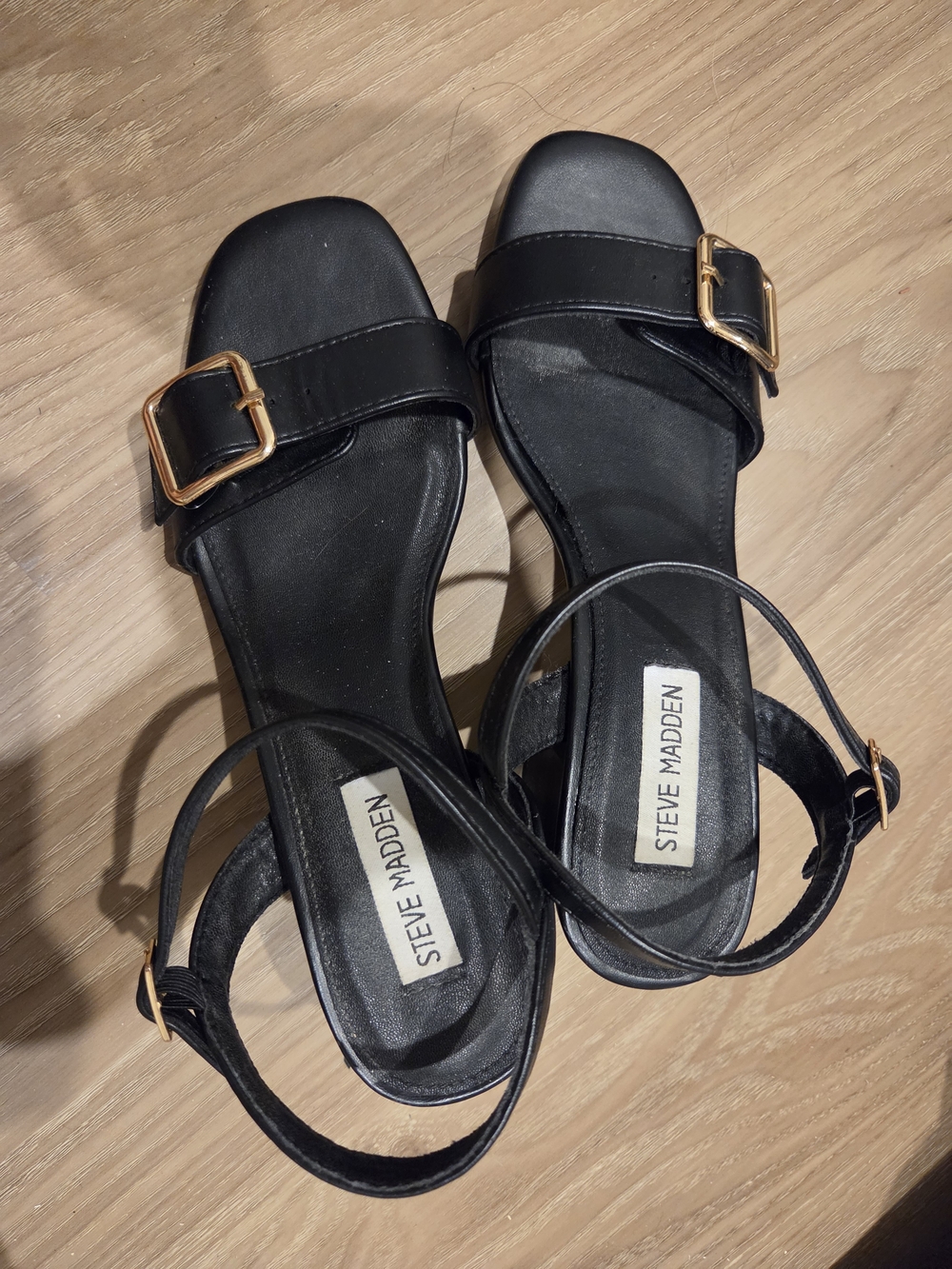 Steve Madden Black Ankle-Strap Sandals with Gold Buckles